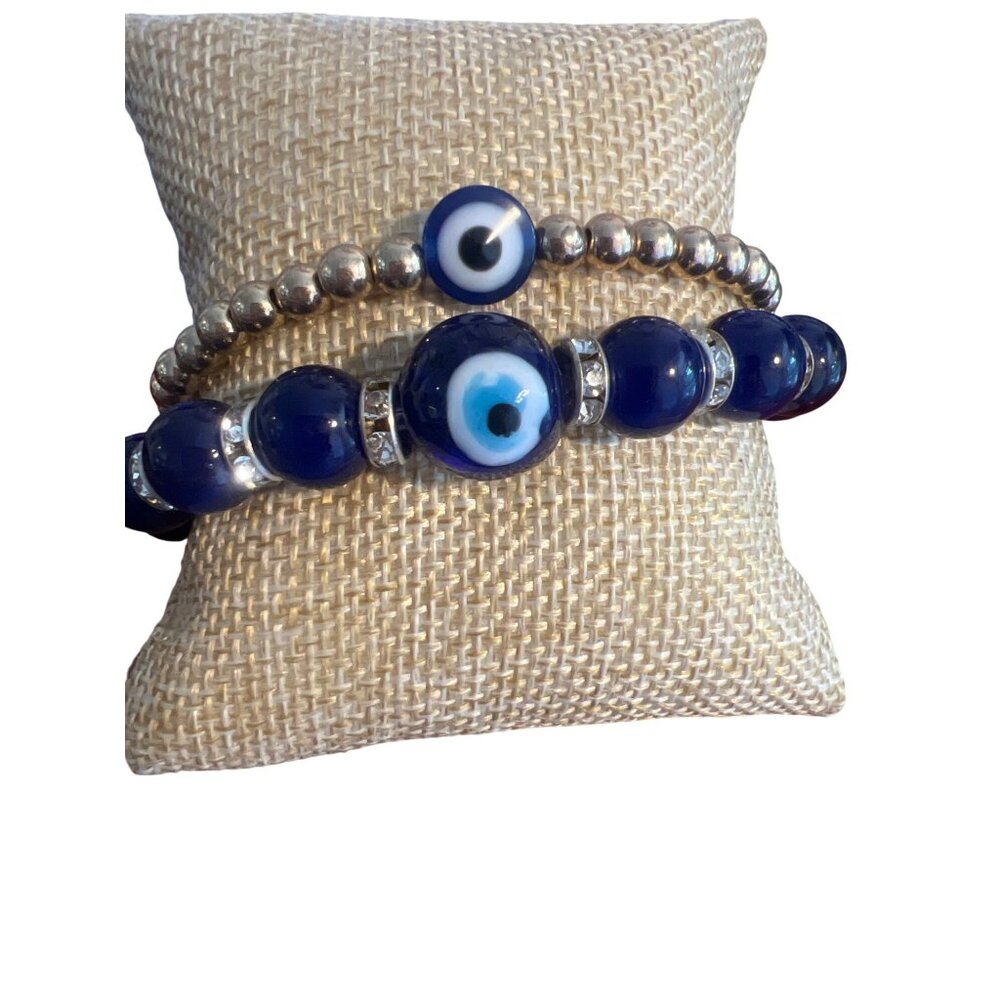 Set of 2 Evil Eye Beaded Bracelet Gold Tone Blue Glass Stretch Stack 6.5" 6.75"